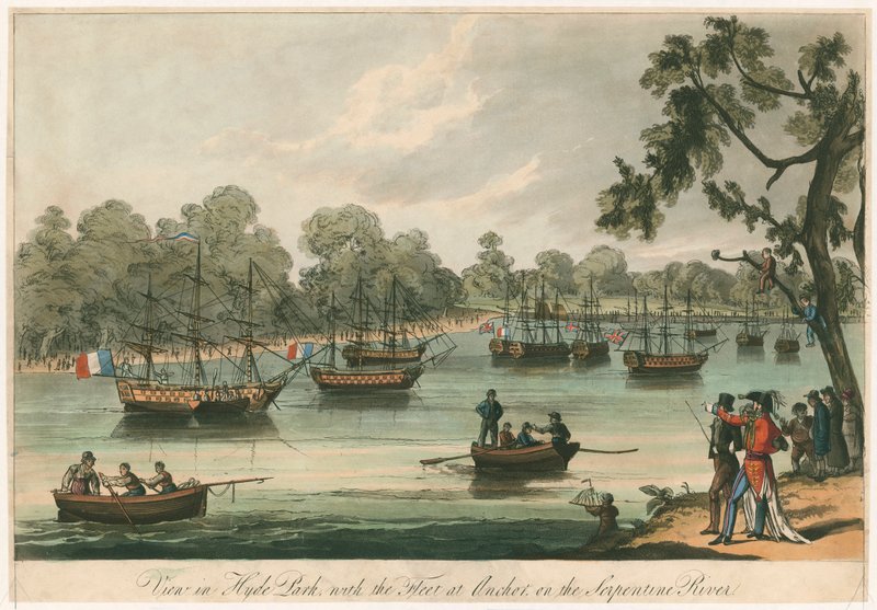 Serpentine Nehri üzerindeki Anchor'da Filo ile Hyde Park'ta görüntüleyin. Naumachia. 1814 Barışı (renkli gravür) by English School