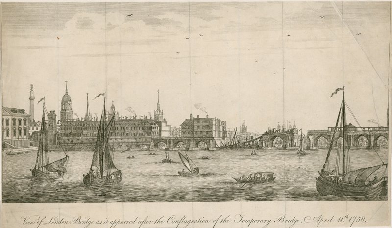 1758 yangınından sonra eski Londra Köprüsü
