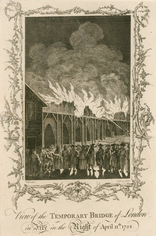 11 Nisan 1758 gecesi yanan Londra geçici köprüsünün görünümü by English School