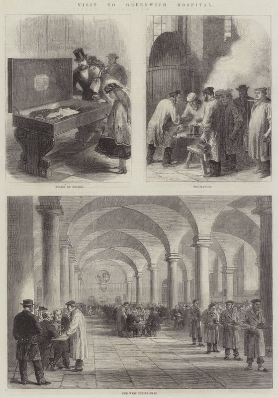 Greenwich Hastanesi ziyareti (gravür) by English School