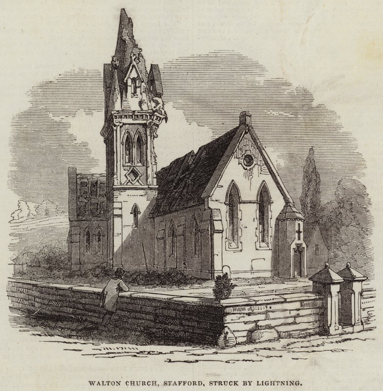 Walton Kilisesi, Stafford, Yıldırım tarafından vuruldu (gravür) by English School
