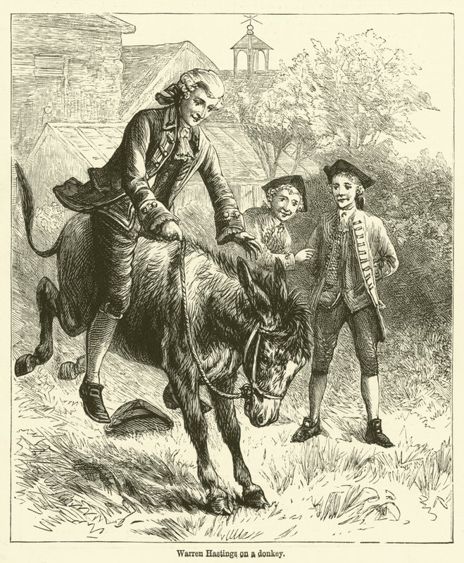 Bir eşeğin üzerinde Warren Hastings (gravür) by English School