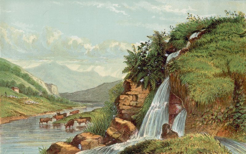 Waterfall and cattle by English School