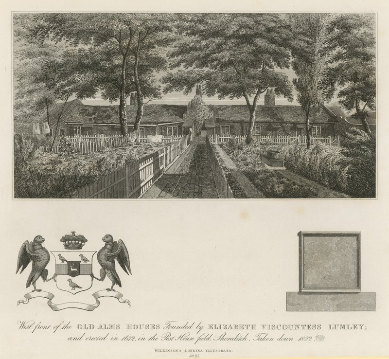 Elizabeth Vikontes Lumley tarafından kurulan eski sadaka evlerinin batı cephesi (gravür) by English School