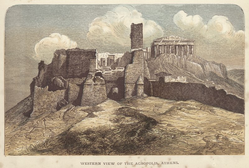 Akropolis'in Batı Görünümü, Atina (renkli gravür) by English School