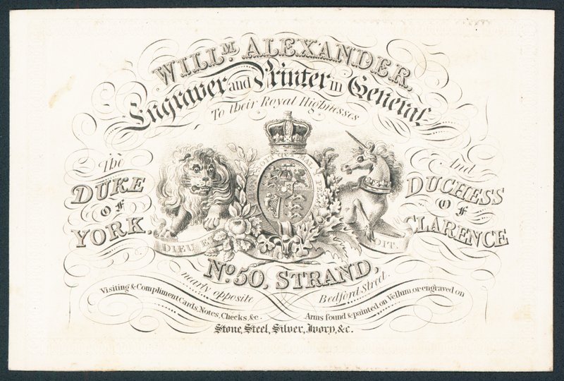 William Alexander, oymacı ve matbaacı, genel olarak asilzadelerine göre, ticari kart by English School