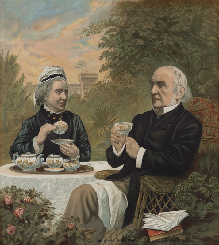 William Ewart Gladstone, İngiliz Liberal politikacı ve Başbakan, eşi Harriet ile çay içiyor, 1891 by English School