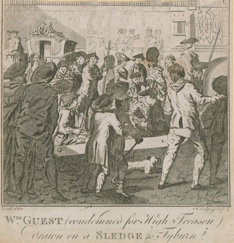 Vatana ihanetten mahkûm edilen William Guest, bir kızakla Tyburn