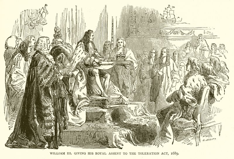 William, 1689, Hoşgörü Yasasına Kraliyet Onayını verirken by English School