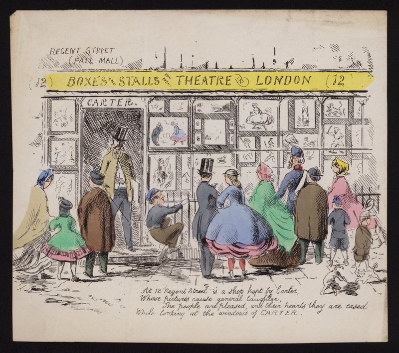Carter'ın esprili matbaasının vitrini, Regent Street London (renkli gravür) by English School