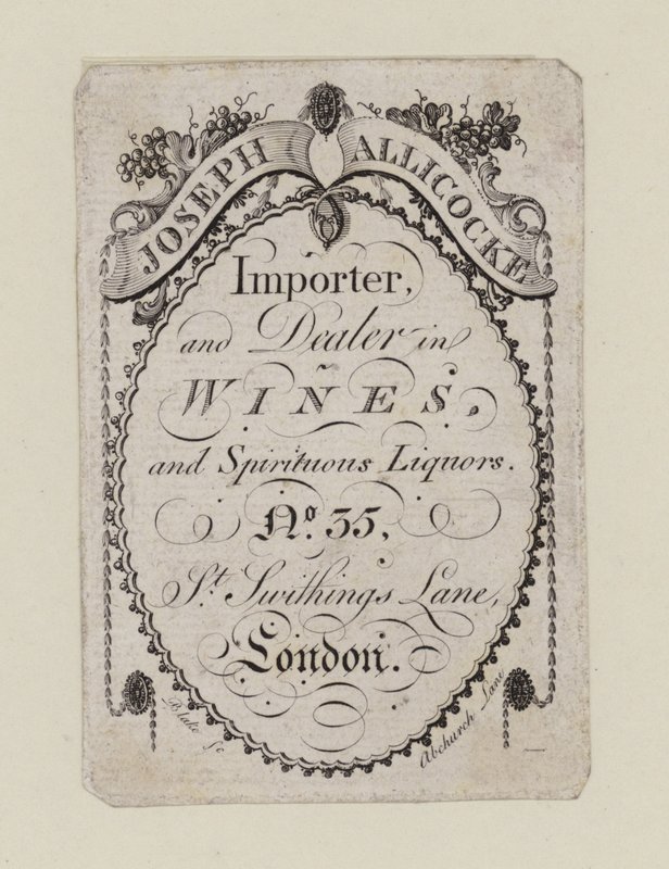 Şarap tüccarları, Joseph Allicocke, ticaret kartı by English School