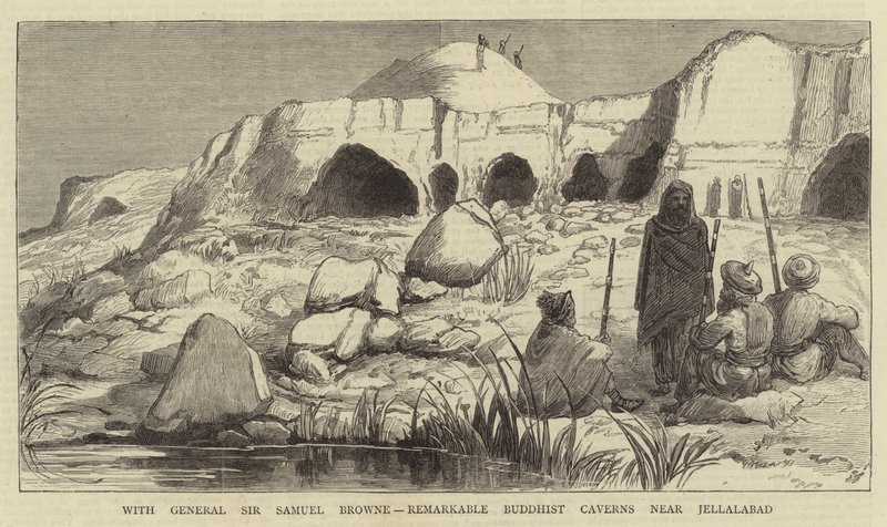 General Sir Samuel Browne ile Jellalabad yakınlarındaki olağanüstü Budist Mağaraları (gravür) by English School