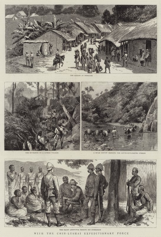 Chin-Lushai Seferi Kuvvetleri ile (gravür) by English School