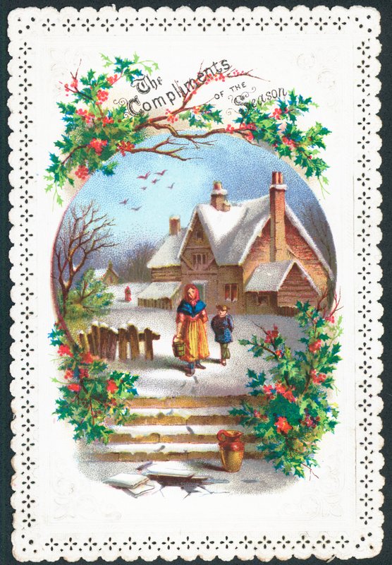 Karda yürüyen kadın ve çocuk, Noel kartı by English School