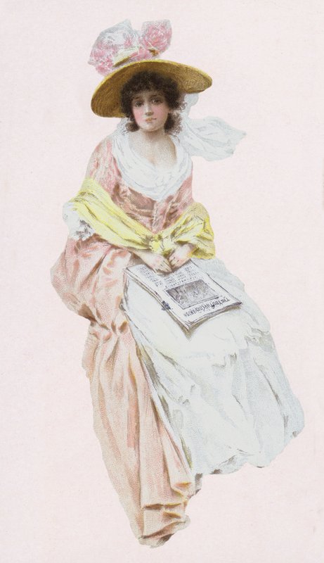 Victoria veya Edward dönemi elbiseli kadın gazete okuyor (chromolitho) by English School