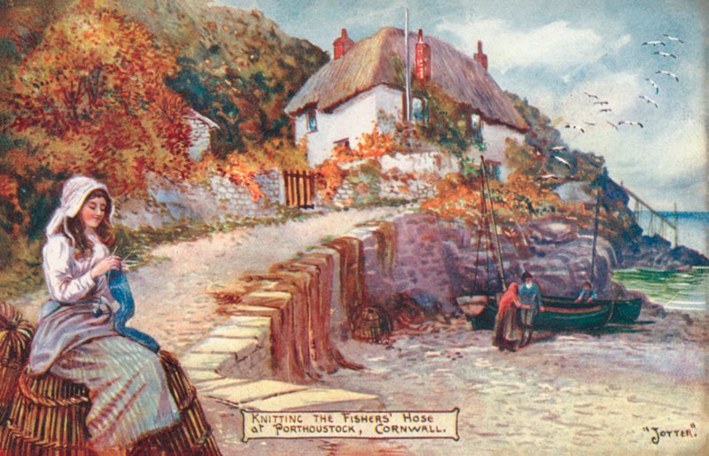 Balıkçı hortumu ören kadın, Porthoustock, Cornwall (renkli taş) by English School