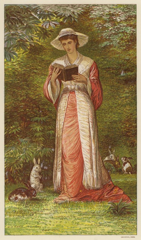 Tavşanlı bir bahçede kitap okuyan kadın (renkli taş) by English School