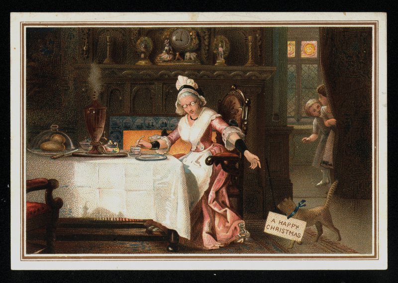 Kedisiyle çay içen kadın, Noel tebrik kartı. (kromolito) by English School