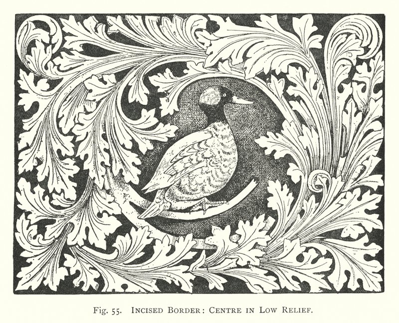 Ahşap oymacılığı: Çizilmiş bordür, ortası alçak kabartma (gravür) by English School