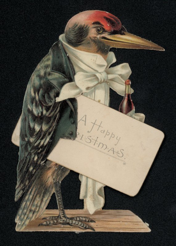 Garson veya uşak gibi giyinmiş ağaçkakan, Noel tebrik kartı (chromolitho) by English School