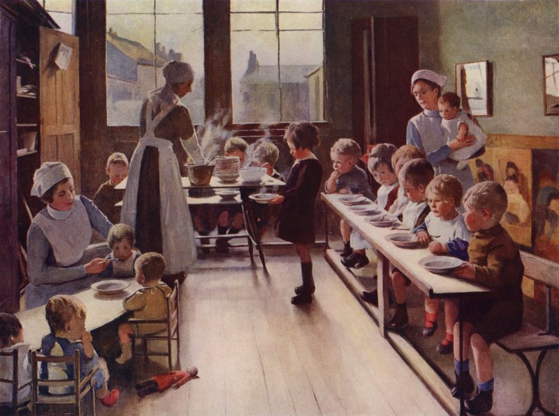 Kreşte yemek zamanında küçük çocuklar (renkli taş) by English School