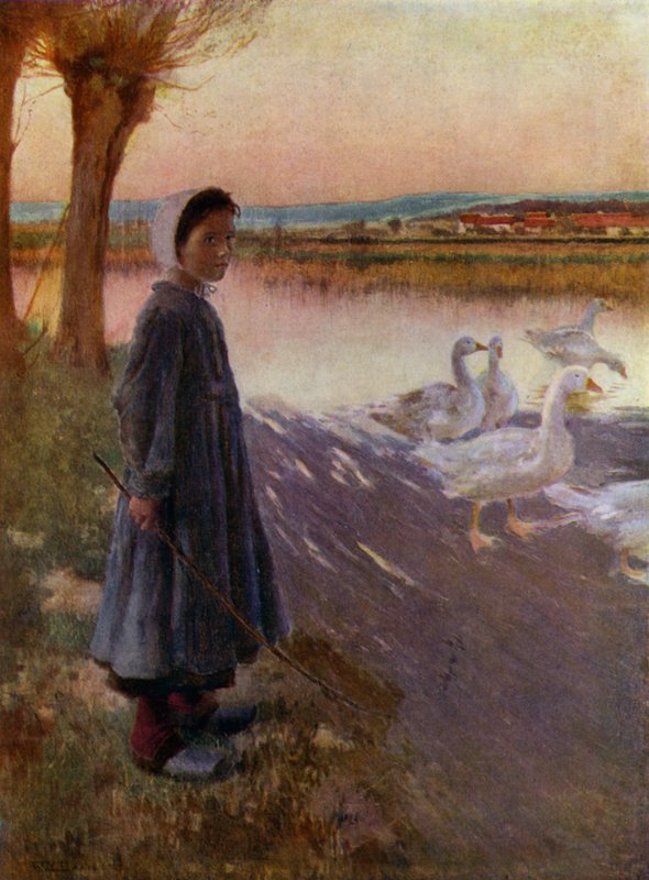 Bir kaz sürüsüne bakan genç kız (renkli taş) by English School