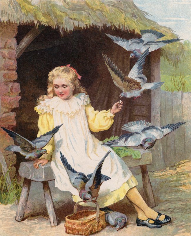 Çiftlikte güvercin besleyen genç kızlar (chromolitho) by English School