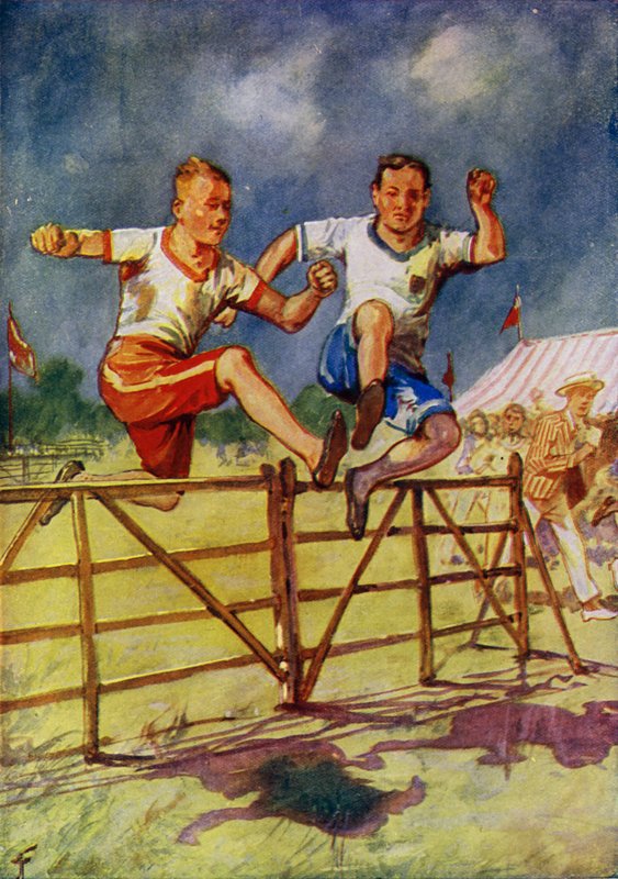 Engelli koşuda yarışan genç erkekler (renkli taş) by English School