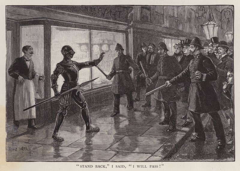Polis Adamı, Londra caddesinde bir ortaçağ zırhı giyen bir adamla karşı karşıya kaldı (litho) by Enoch Ward
