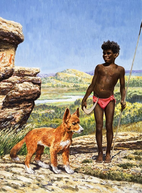 Dingo ile Aborjin çocuk (kağıt üzerine guaj) by Eric Tansley