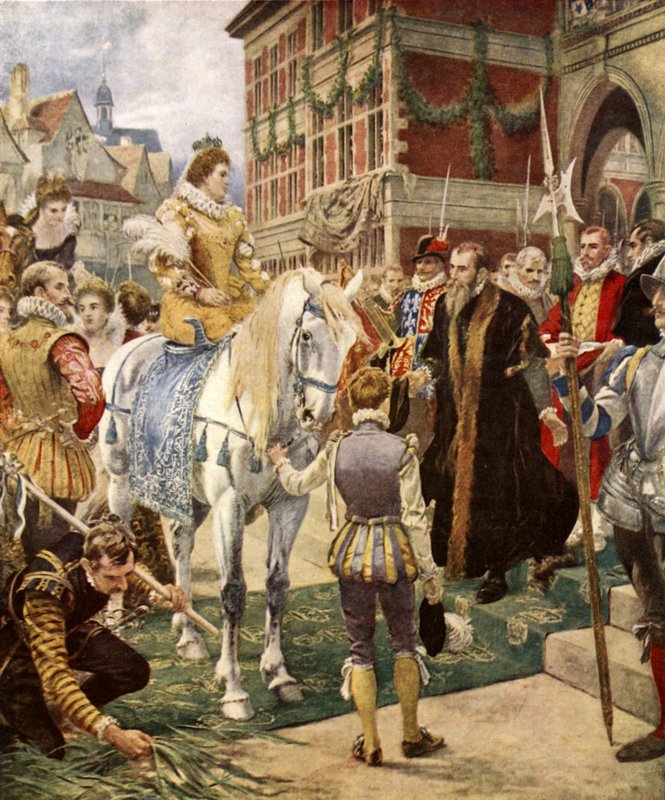 Kraliçe Elizabeth Kraliyet Borsasını açarken (renkli taş) by Ernest (after) Crofts