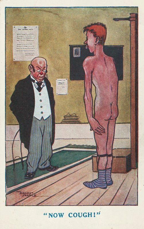 Doktor, tıbbi muayene sırasında çıplak bir adamdan öksürmesini istiyor (renkli taş) by Ernest (after) Noble
