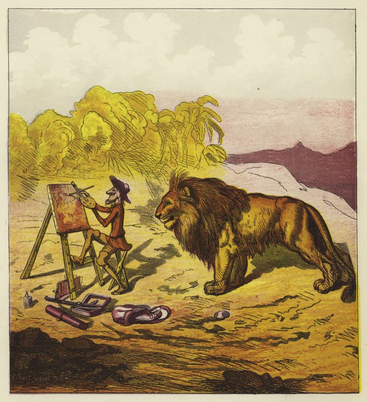 John Bold resim yaparken bir aslan tarafından şaşırttı by Ernest Henry Griset