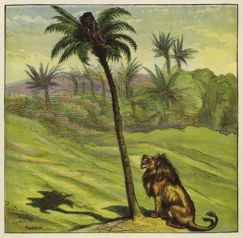 Ağaca tırmanarak aslandan kaçan adam by Ernest Henry Griset