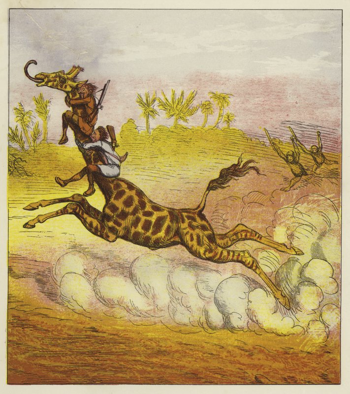 Cesur Kardeşler, bir zürafaya binerek gorillerden kaçar by Ernest Henry Griset
