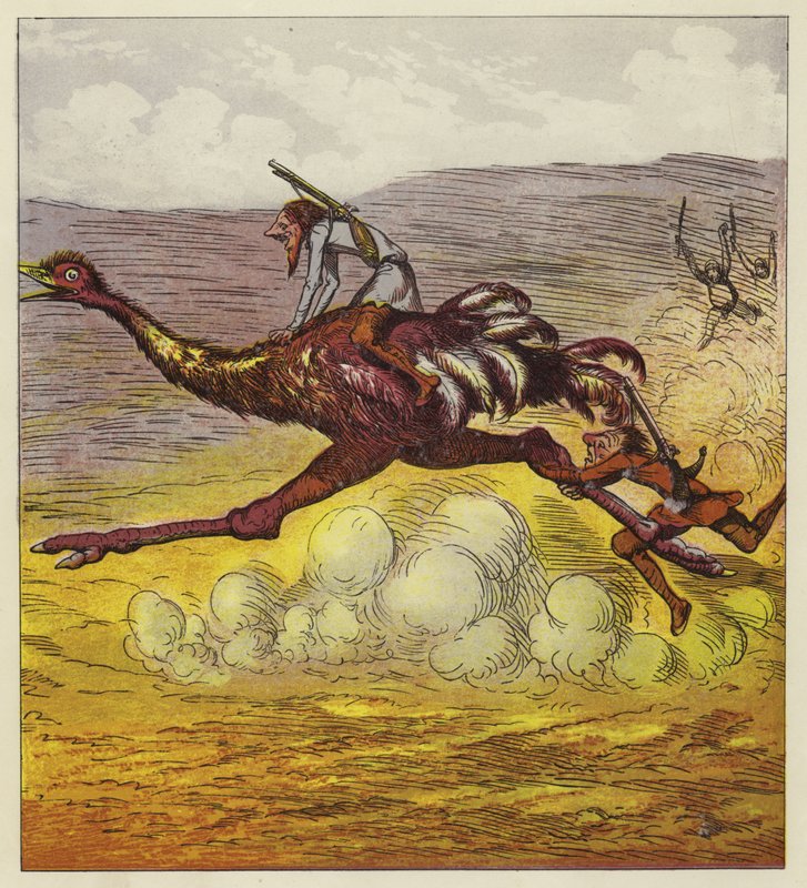 Cesur Kardeşler, bir devekuşuna binerek gorillerden kaçar by Ernest Henry Griset