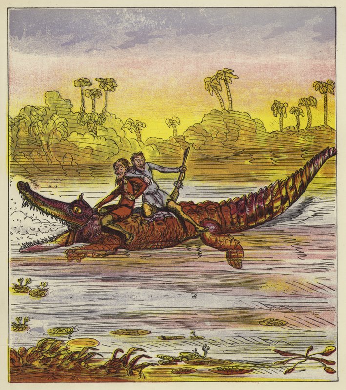 The Brothers Bold travelling on the Nile by crocodile  by Ernest Henry Griset