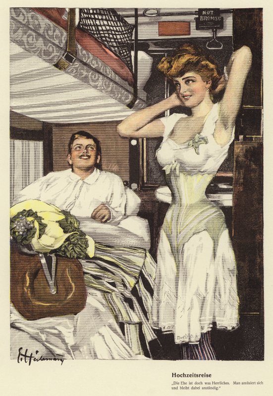 Uyuyan bir trende balayına giden evli çift (renkli taş) by Ernst (after) Heilemann