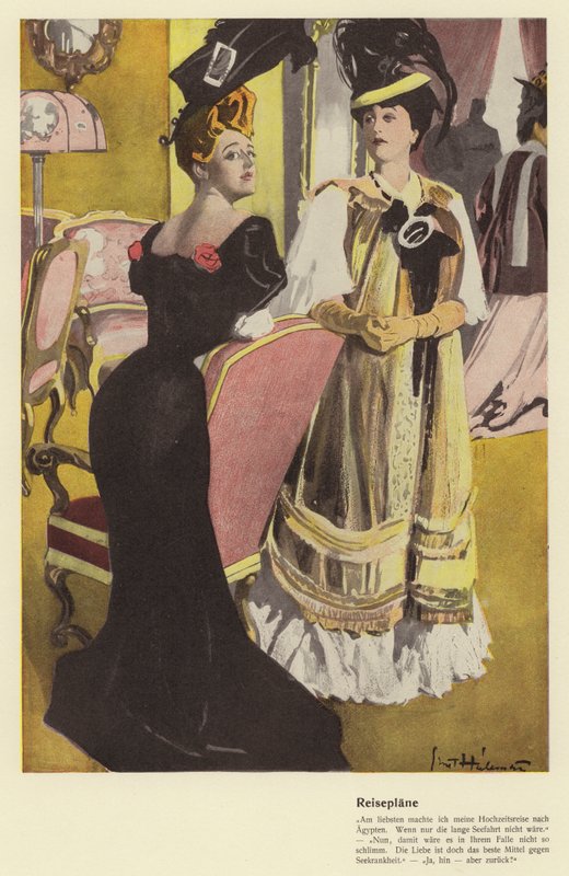 Tatil seyahat planlarını tartışan iki kadın (renkli taş) by Ernst (after) Heilemann