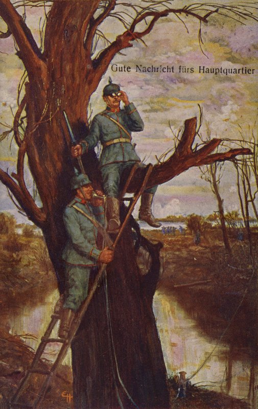 Karargah için İyi Haber, savaş alanını gözlemleyen ve bir saha telefonu aracılığıyla Karargaha rapor veren Alman askerleri, I. Dünya Savaşı, 1915 by Ernst Heilemann