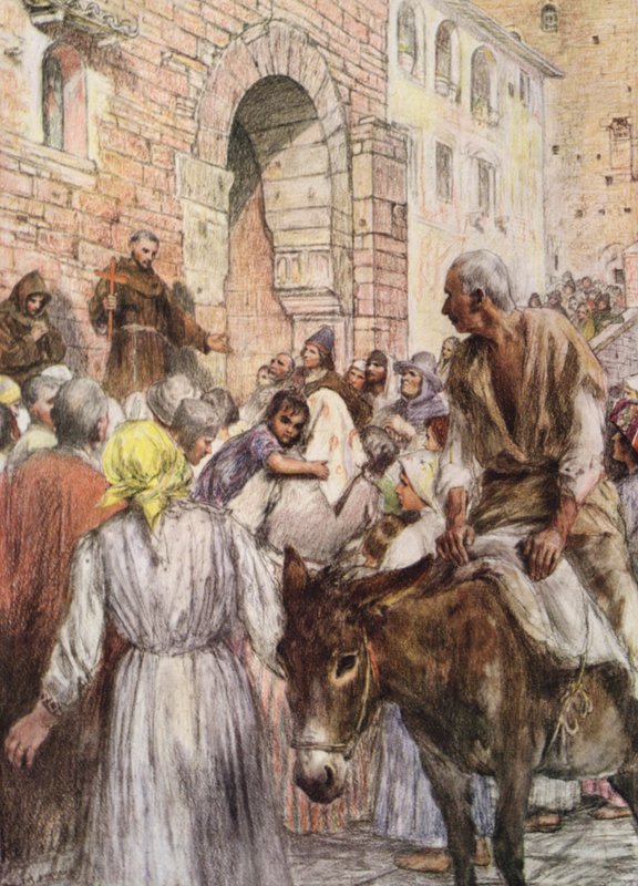 Aziz Francis Bologna#39;da vaaz veriyor (renkli litho) by Eugene (after) Burnand