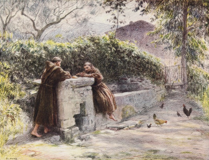 Aziz Francis ve Rahip Masseo#39;nun Çeşmedeki Yemeği, Aziz Francis Yoksulluğu Övüyor (renkli litho) by Eugene (after) Burnand