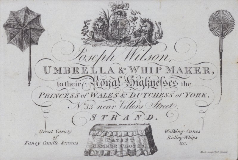 Joseph Wilson, şemsiye ve kırbaç üreticisi için reklam, Londra (gravür) by European School