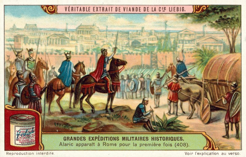 Vizigotların Kralı Alaric, ilk kez Roma kapılarına varıyor, 408 (chromolitho) by European School