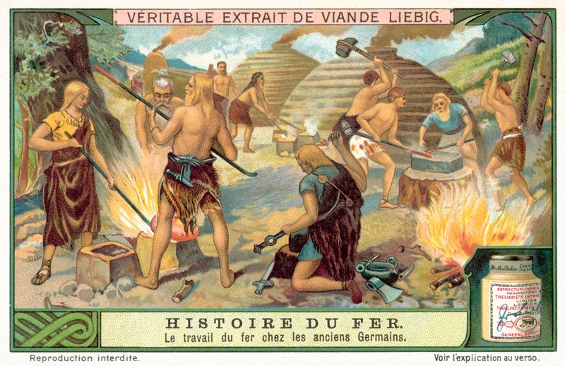 Demir silahlar yapan eski Germen kabilesi (chromolitho) by European School