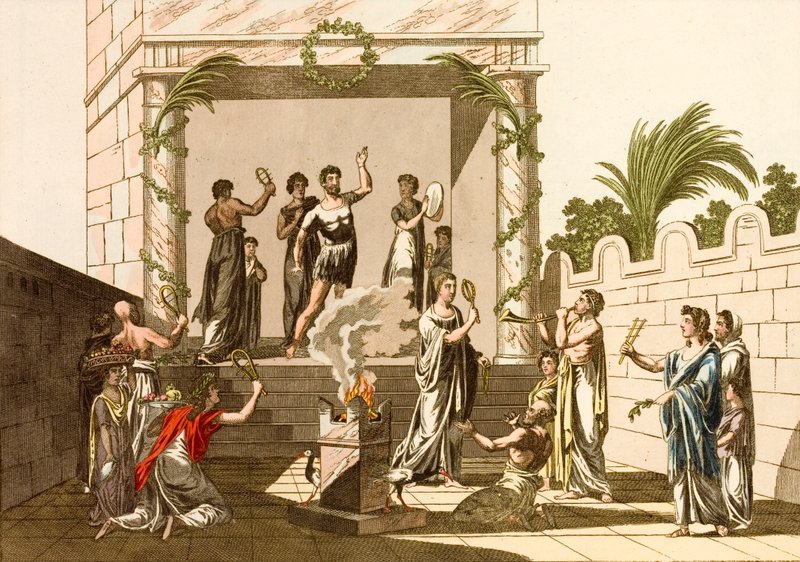 İsis Ayinlerini gerçekleştiren Antik Romalılar, Pompeii (renkli gravür) by European School