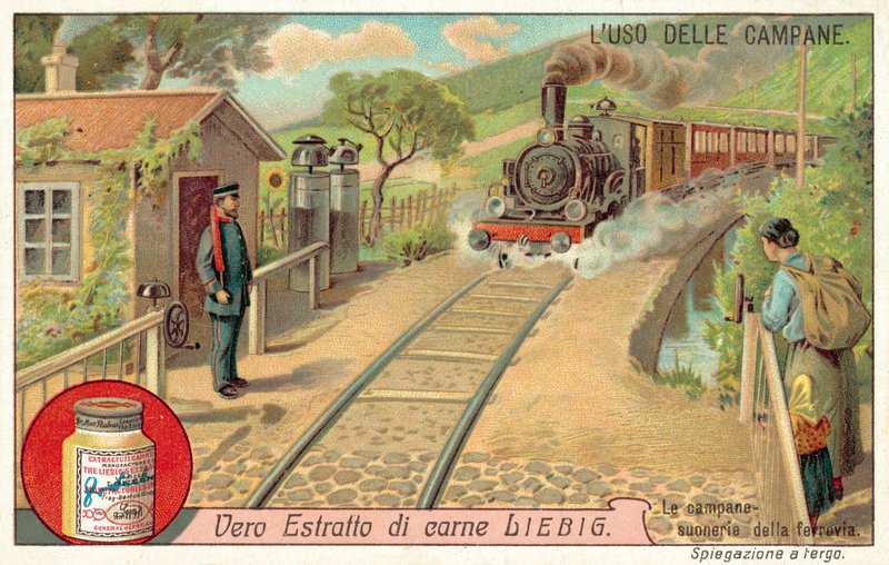 Bir demiryolu geçidinde yaklaşan trenleri uyarmak için çanlar (chromolitho) by European School