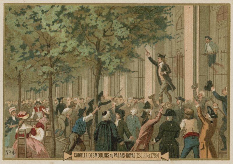 Camille Desmoulins, Palais Royal, Paris, Fransız Devrimi, 12 Temmuz 1789 dışında silahlanma çağrısını yayınladı by European School