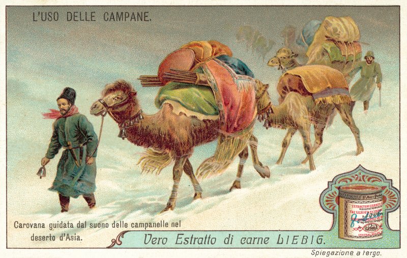Orta Asya çöllerinde bir çan sesiyle yönlendirilen karavan (chromolitho) by European School