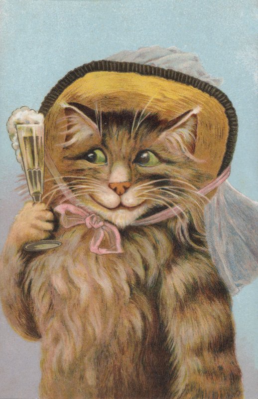 Şapka takan ve elinde bir kadeh şampanya tutan kedi (chromolitho) by European School